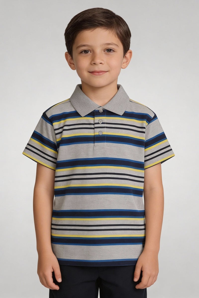 Hawk Kids Boy Spread Collar Short Sleeve Stripe Polo Shirt, Multicolor - Image 1